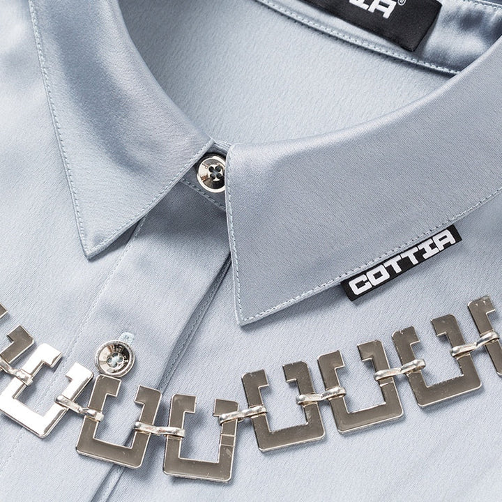 Cottia Logo Chain Satin Shirt Blue - Mores Studio