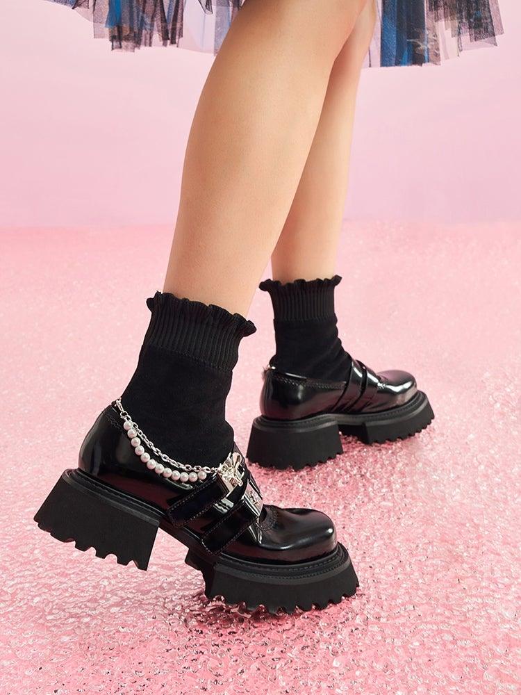 SugarSu Pearl Chain Double Buckle Stocking Boots Black - Mores Studio