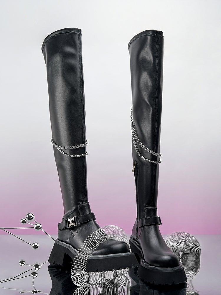 SugarSu Over-knee Buckle Chain Boots Black - Mores Studio
