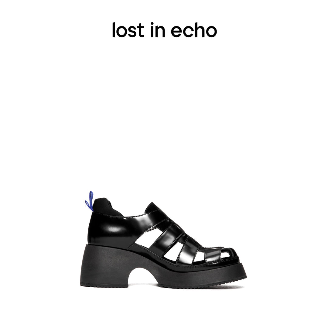 Lost In Echo Heel Leather Roman Sandals Black - Mores Studio