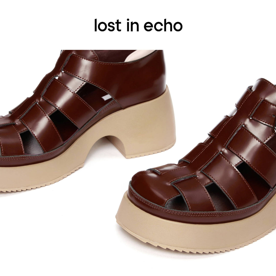 Lost In Echo Heel Leather Roman Sandals Burgundy - Mores Studio