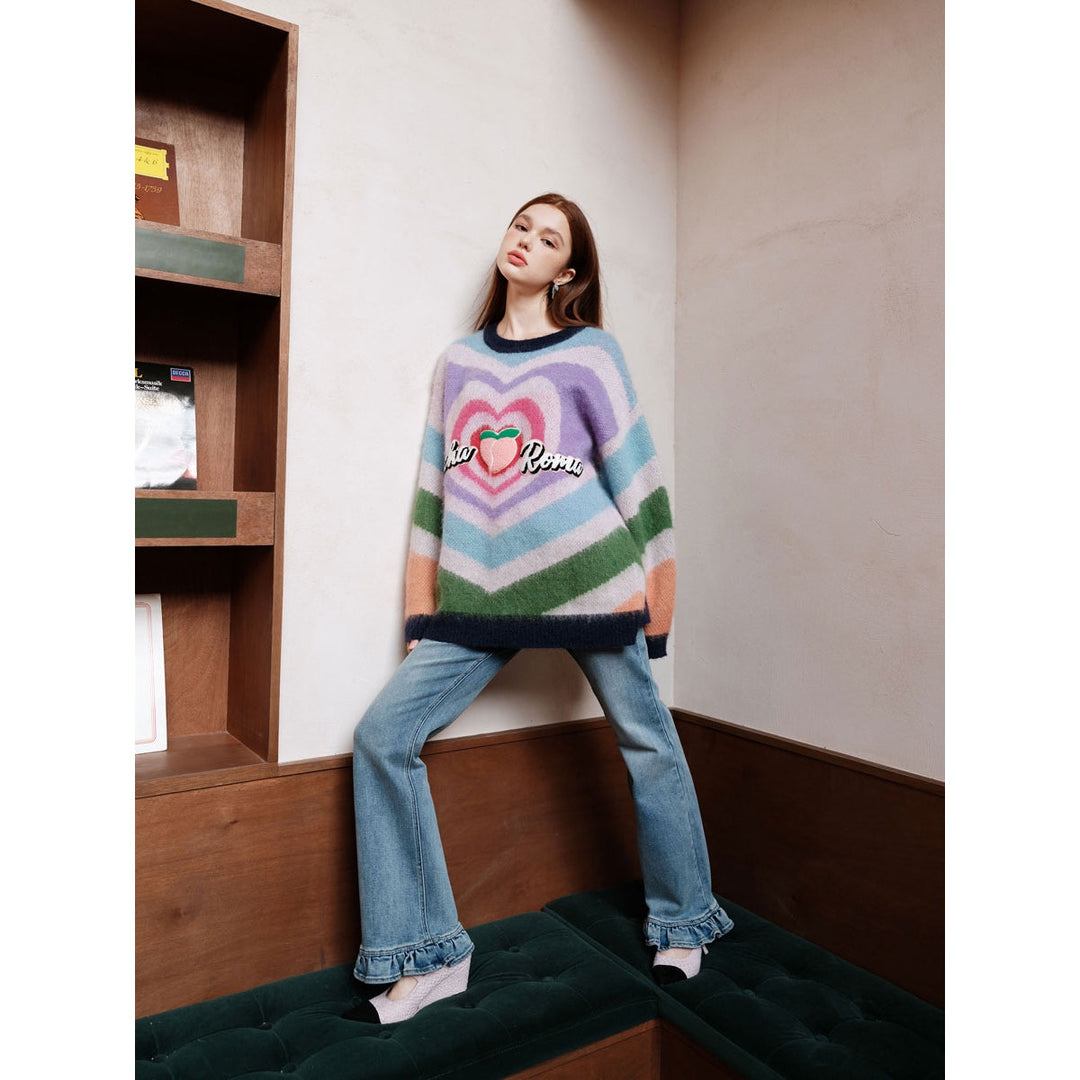 Rocha Roma Striped Rainbow Heart Sweater - GirlFork