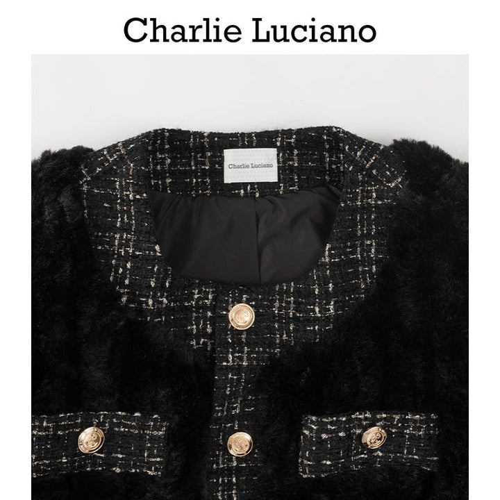 Charlie Luciano Tweed Patch Faux Fur Coat Black - GirlFork