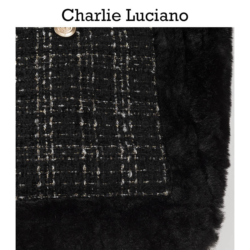 Charlie Luciano Tweed Patch Faux Fur Coat Black - GirlFork