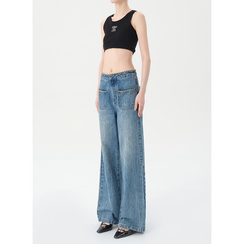 Concise-White Chain Pockets Wide-Leg Denim Pants - GirlFork