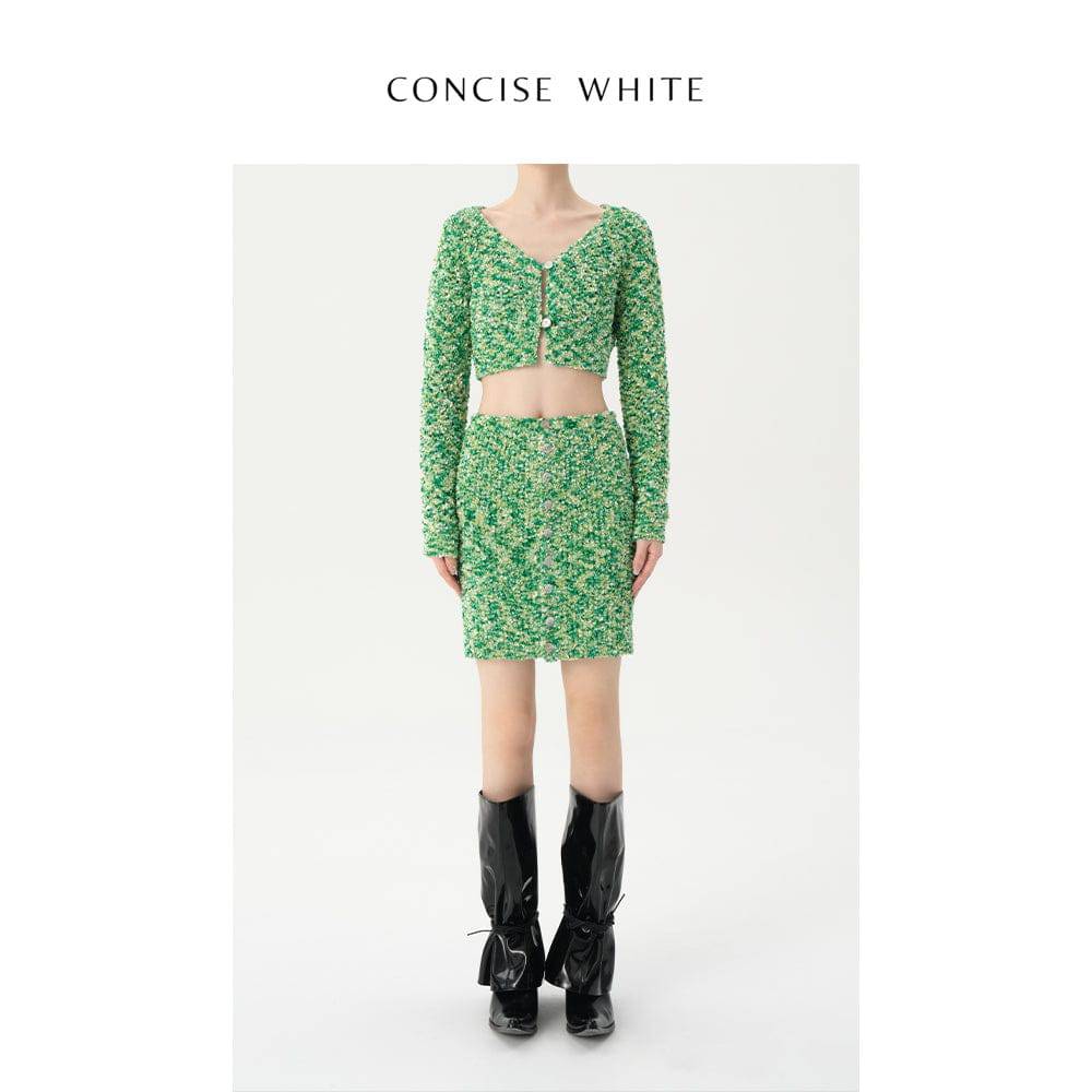 Concise-White Buckle Knitted Skirt Green - GirlFork