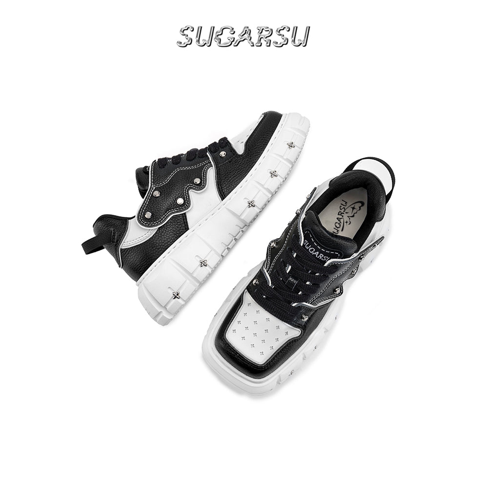 SugarSu Square Toe Stud Sneaker Black - GirlFork
