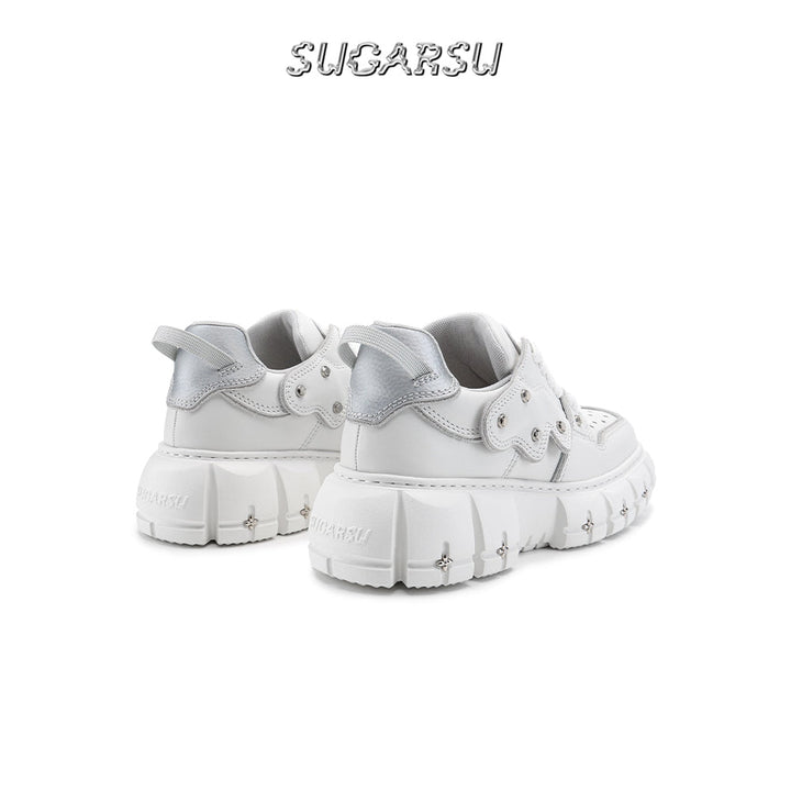 SugarSu Square Toe Stud Sneaker White - GirlFork