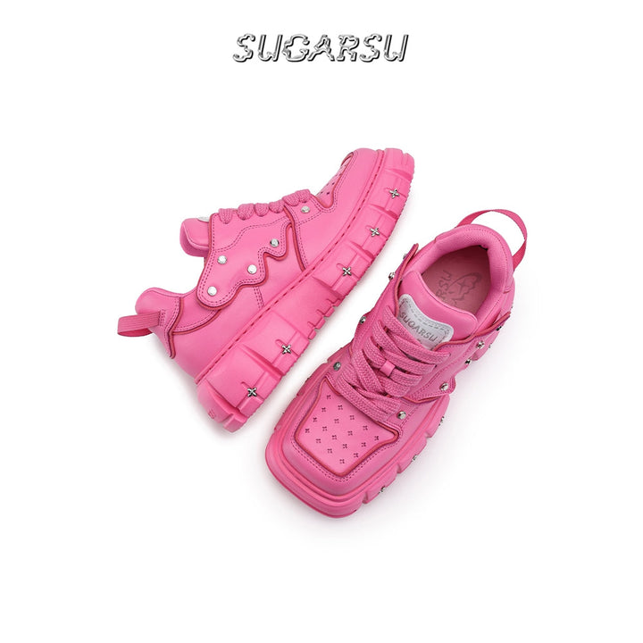 SugarSu Square Toe Stud Sneaker Pink - GirlFork