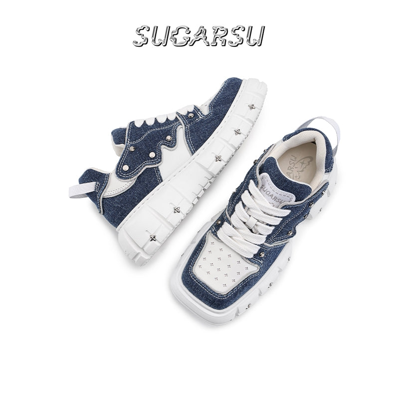 SugarSu Square Toe Stud Sneaker Denim Blue - GirlFork