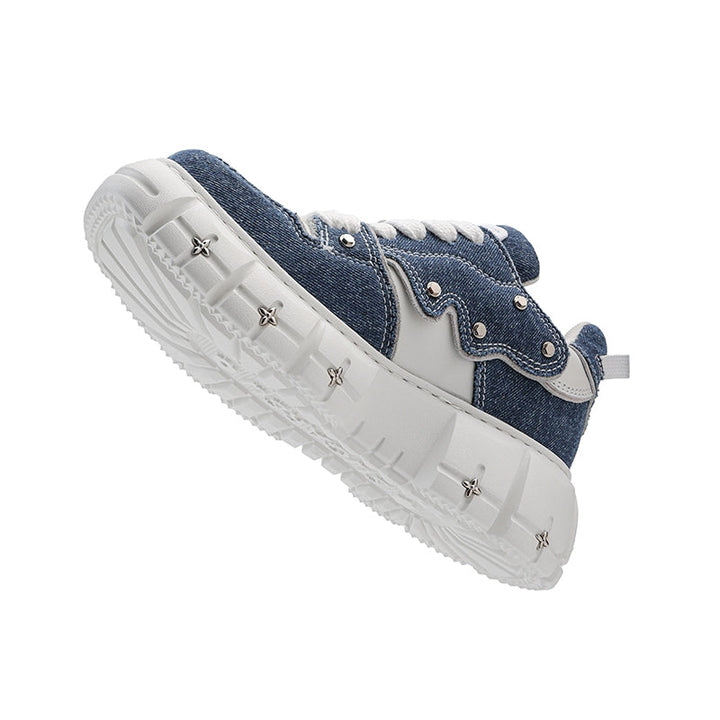 SugarSu Square Toe Stud Sneaker Denim Blue - GirlFork