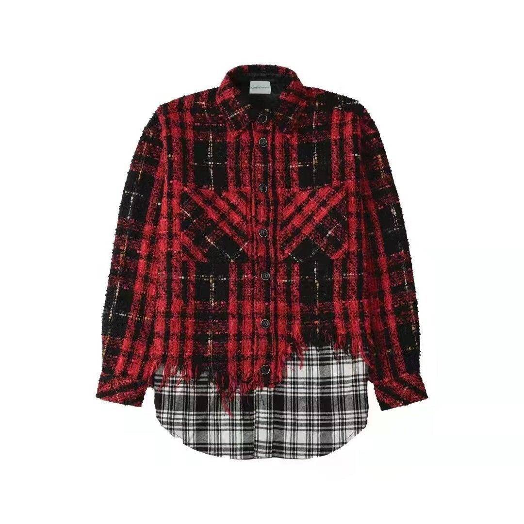 Charlie Luciano Tweed Patchwork Over Shirt Red - GirlFork